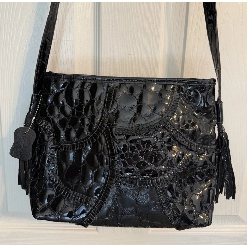 Chaos Y2K Vintage Black Patent Leather Croc Embossed Tassel Shoulder Bag Purse